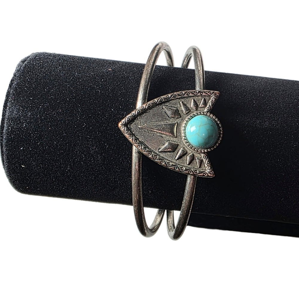 Vintage Boho Southwestern Turquoise Shield Cuff Bracelet Silver Tone Statement - Picture 2 of 6